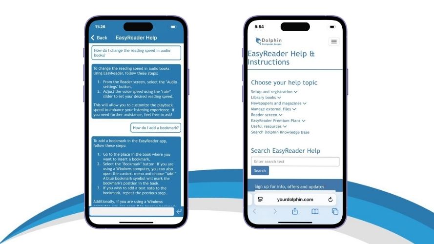 Ask a Question and EasyReader Help & Instructions displayed on iphone screens